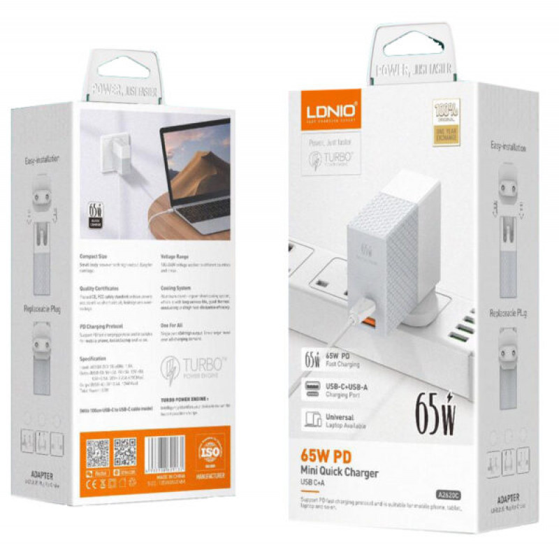 Ldnio Power Charger Adapter  65W PD & QC 3.0 USB Type-C (2 Ports) High