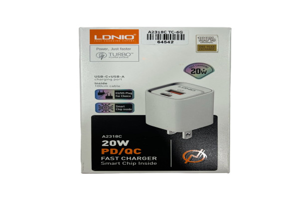 LDNIO Wall charger LDNIO A2318C, USB + USB-C, PD + QC 3.0, 20W (white)