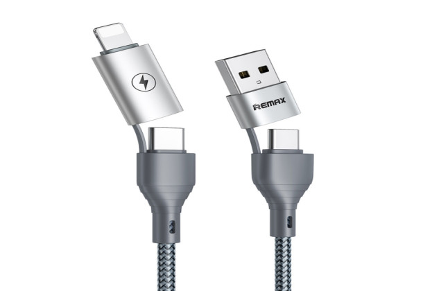 REMAX RC-011 1.2m 2.4A 4-in-1 USB to USB-C / Type-Cx2 + 8 Pin Fast Charging Data Cable (Silver)