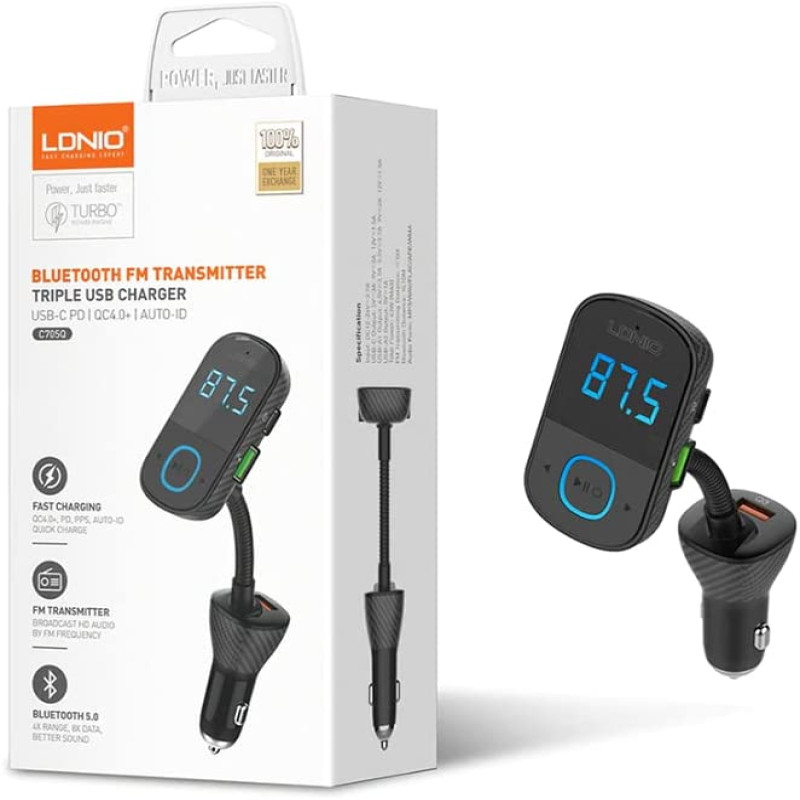 Ldnio C705Q Bluetooth FM Transmitter With (3 USB Charger, Audio) + Type C Cable