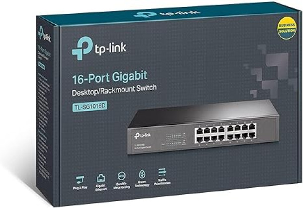 TP-Link 16-Port  (TL-SG1016D) Gigabit Ethernet Unmanaged Switch Plug and Play Metal Desktop/Rackmount Fanless