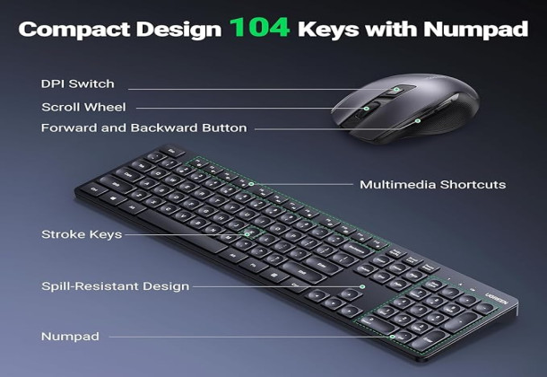 UGREEN Wireless MK006 Keyboard and Mouse Combo, 2.4GHz Ergonomic Keyboard Mouse, Compact Silent Cordless Full Size Computer Keyboard, Mouse 5 DPI Levels up to 4000, for Computer, Laptop, PC, Windows, Mac