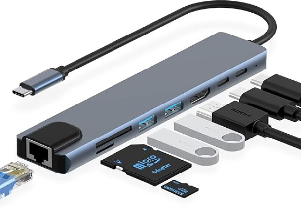 Azhizco USB C Hub Docking Station, 8 in 1 USB C Dongle with 4K@60Hz HDMI, RJ45 Ethernet, 100W PD, SD/TF Card Reader, 2 USB Ports, USB Type C Hub for MacBook Pro Air M1 Dell XPS Nintendo Switch