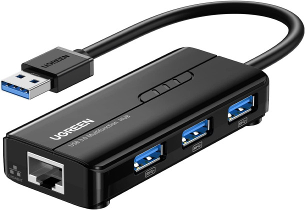 Ugreen 4 In 1 USB Hub with RJ45 Ethernet Adapter, Black - 20265