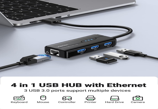 Ugreen 4 In 1 USB Hub with RJ45 Ethernet Adapter, Black - 20265