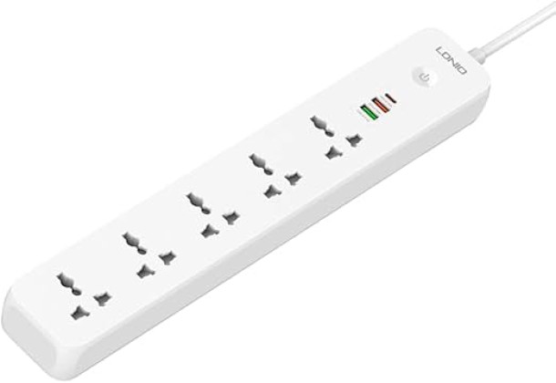 LDNIO SC5319 Multi Socket Extension Lead with 5 AC 3 USB Power Socket Plug Extender 2M Wall Mountable Universal Power Strip - White